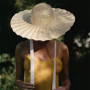 Large Brim Woven Summer Straw Hat w/ White Ribbon